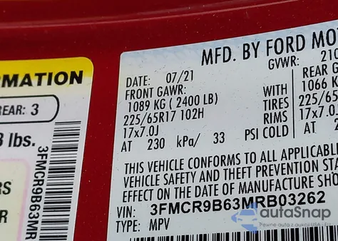2021 Ford Bronco Sport Big Bend from USA, damaged, VIN 3FMCR9B63MRB03262